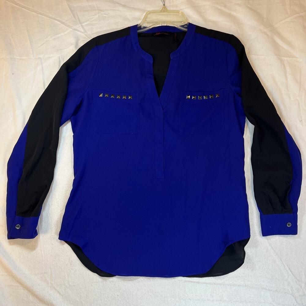 Sofia Vergara Blouse Indigo Blue Black Size Small Pullover V-Neck